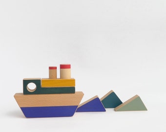 Stacking toy boat, wooden toy for toddlers