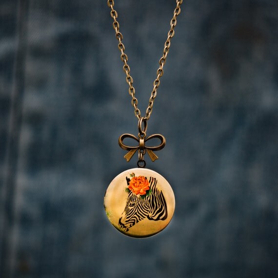 FREE WORLDWIDE SHIPPING - Feminine Bronze Locket - Floral Zebra - Bow - Large Locket Long Chain