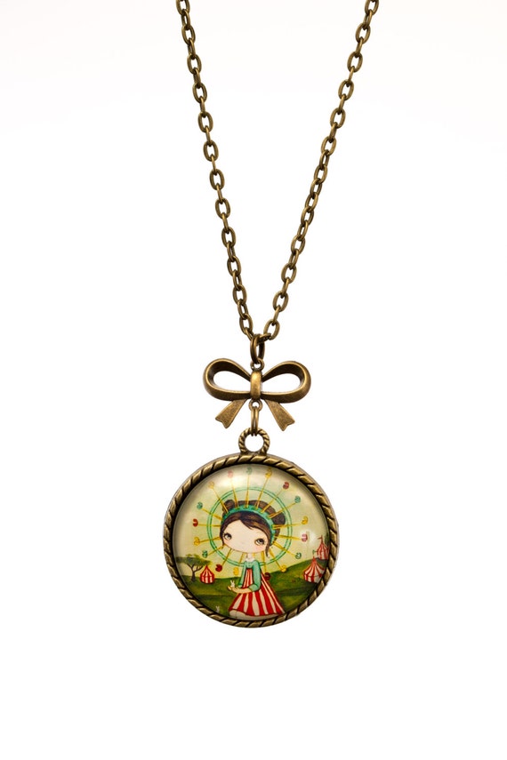 FREE SHIPPING - **NEW** Girl And Carousel 30mm Bronze Lace & Bow Pendant Necklace - Unique - Vintage - Gorgeous Gift - Love
