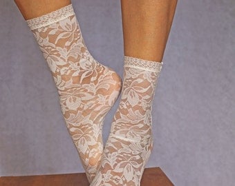 Lace Socks. Beautiful Ivory Floral Design. Ankle Socks. Women’s Socks. Lace Trim.