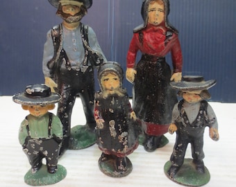Vintage Amish Cast Iron or Lead Family of 5 Hand Painted Figurines Americana
