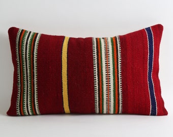 kilim cushion cover, lumbar kilim pillow red kilim pillow 12x20 decorative pillow