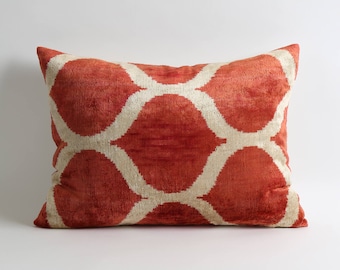 Orange red velvet pillow cover // handwoven hand dyed decorative throw silk velvet ikat pillows