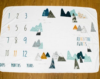 Adventure Awaits Baby Milestone Blanket, Max Mountains Monthly Milestone Blanket, Newborn Photo Prop, Adventurer Monthly Baby Blanket