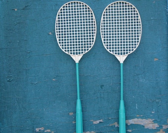 Vintage Pair of Plastic Turquoise Green Badminton Rackets- Made in USSR
