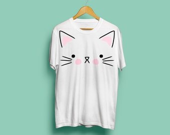 Cat T-Shirt With Tail, Cute Cat Face Tshirt - Kitten Tshirt, Cute Kitten, Animal Tshirt, Adorable Tshirt, Illustrated Tshirt S M L XL XXL
