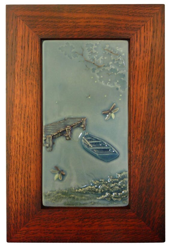 Framed ceramic art tile Dockside Fireflies home decor wall