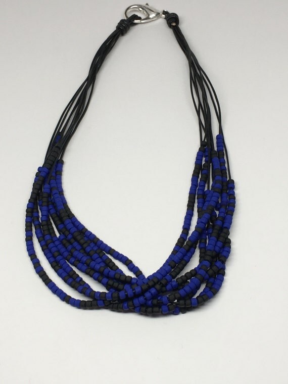 Handmade Necklace blue beads black beads black leather