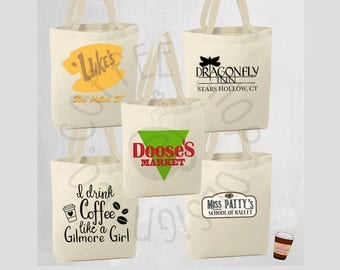 Gilmore Girls Tote Bags! 10 Different designs to choose from! Luke's Diner, Dragonfly Inn, Doose's Market, Kims Antiques, Miss Pattys & More