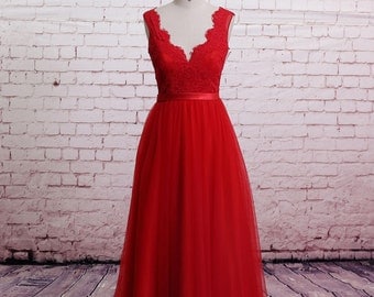 Classic Lace Evening Dress Brush Train Prom Dress A-line Red Bridesmaid Dress Sweetheart Party Dress