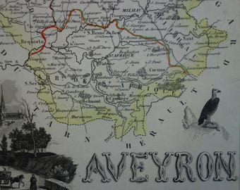 1850 antique map of Aveyron departement France - beautiful old hand colored print - Rodez Espalion Millau Villefranche-de-Rouergue - 9x11"