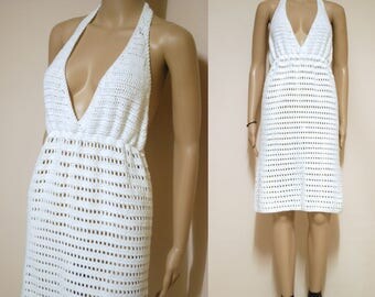 Vintage 70s Crochet Dress Wool Hippie Retro White Boho Halter Knee Length Vtg Sheer 1970s Size XXS-XS