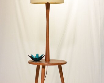 Mid Century Teak Floor Lamp with Tripod Table Base