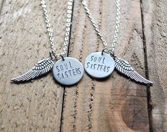 Soul Sisters Necklace Set - Friendship Necklaces - Sister Necklaces - Angel wing Necklace - Custom Necklace Set