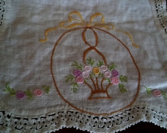 Embroidered flower basket linen doily ~ small embroidered doily 1940's