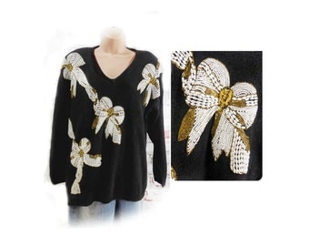 beaded sweater - formal sweater - V neck sweater - black party sweater - pin up sweater - Medium sweater # 9