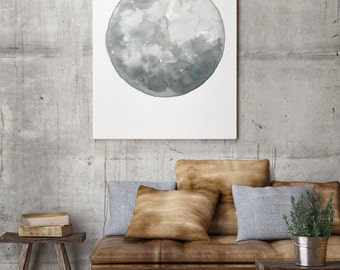 Full Moon Watercolor Painting, Abstract Minimalist Moon Drawing Home Illustration, Space Art Print Solar System Silver Blue Gray Wall Decor
