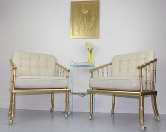 Hollywood Regency Gold Bamboo Lounge Chairs Barrel Club Chair White Cushions Mid Century Modern Seats Living Room Boutique Office Decor