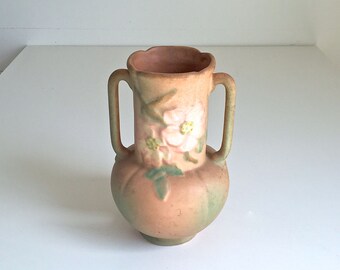 Vintage Weller Pottery Vase Shabby Distressed Decor Dogwood Ceramic Pottery Peach White Pink Green Urn Vase Double Handle