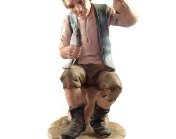 Fisher Figurine | Bisque Porcelain Fisherman Figurine With Fish and Reel | Gift for Dad | Man Cave Decor