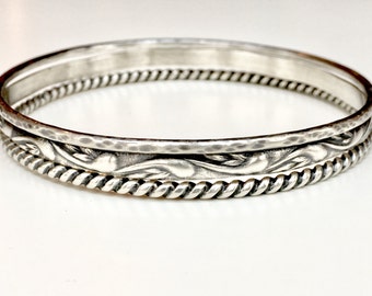 Sterling Silver Bangle Set of (3) - Heavy Sterling Silver Oxidized Design Assortment - Sterling Silver Stacking Bracelets - Marked 925