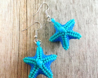 Turquoise earrings Blue earrings Starfish chandelier earrings Something blue jewelry gift For wife Beaded earrings Bohemian earring Sea star
