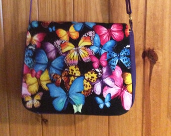 Beautiful "Butterflies" Shoulder Bag w/ Purple Adjustable strap, & side panels. "One of a Kind" Washable, large pockets, durable.