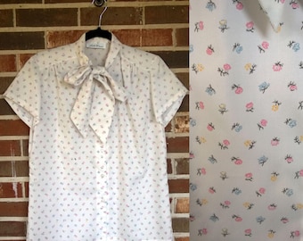 Pretty Delicate White, Pink and Blue Floral Button Up Blouse