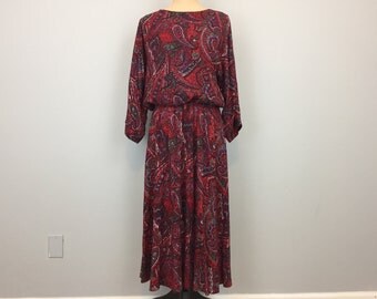 Paisley Dress 80s Dress Red Dress Hipster Rayon 3/4 Sleeve Size 14 Day Dress Elastic Waist Office Dress FREE SHIPPING Large Womens Clothing