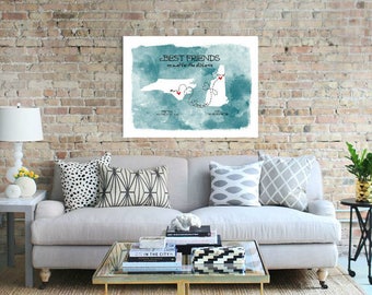 Best Friend Long Distance Present, Going Away Gift for BFF, Sister Gift, Birthday Gift for Grandma, Two-State Personalized Canvas Map -39177