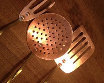 Hand Turned Old Brass & Copper Vintage Kitchen Tools, Primitive Collectible, Range Accent, Rustic Americana Country, Fork, Strainer, Spatula
