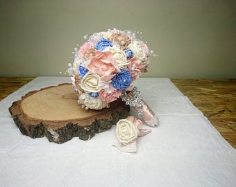 Ivory blush pink caramel and baby blue wedding BOUQUET big brooch sola Flowers pearls lace satin ribbon pastel delicate elegant great gatsby