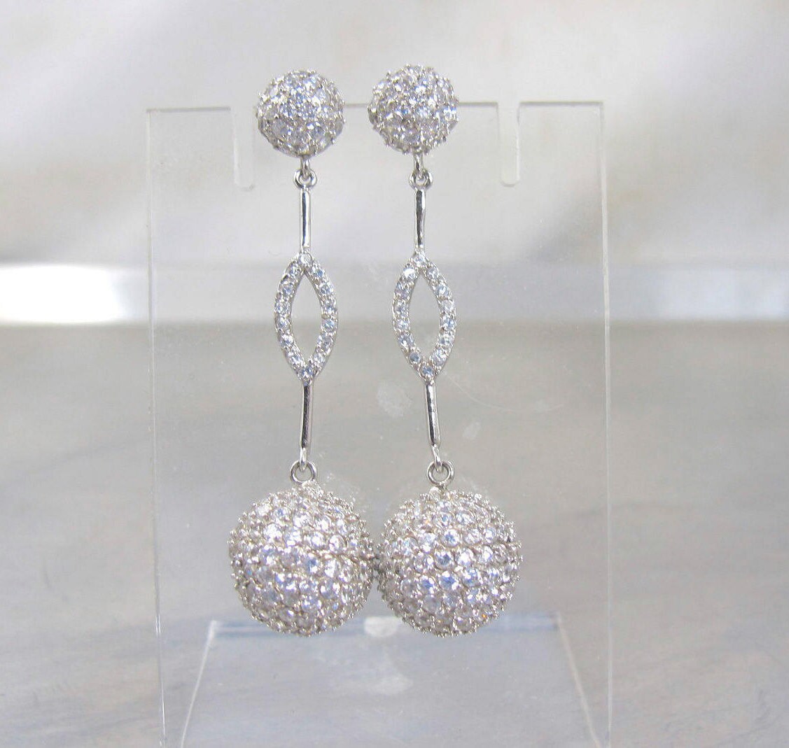 Sterling CZ Diamond Dangle Earrings Cubic Zirconia Ball Bead