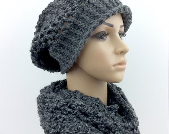 Charcoal Grey Infinity Scarf Hat Slouchy Beanie Large Slouchy Hat Scarf Set Circular Scarves Handmade Winter Gift under 50 Women Crochet