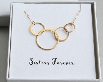 Gold Ring Necklace, Four Sisters Necklace, Four Circles Necklace, 4 Rings Necklace, Sister Necklace, Gold Ring Necklace, Sisters Forever