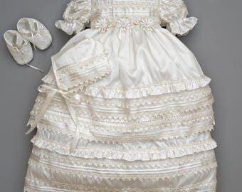 Beautiful Baby Girl Christening Gown Burbvus G002 | Baptism Heirloom Set, Matching Shoes & Bonnet | Handmade Baptism Dress Classical Design