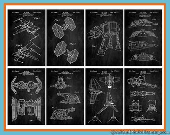Star Wars Poster Print Set of 8 Patent Collection, X-Wing, TIE Fighter, AT Walker, Star Wars Gifts For Him Her Men Woman Mom Dad Wall Art