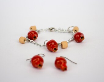 Pomegranate earring and bangles ceramic set for women