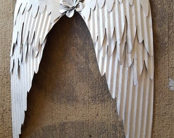 Shabby Chic White Metal Angel Wings Wall Decor/ Rustic Angel Wings/ Metal Wall Art/ Religious Decor/ Guardian Angel/ Metal Wings