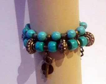 Turquoise beaded stretch bracelets with copper Buddha double Yoga bracelet, Boho Stretch bracelet set