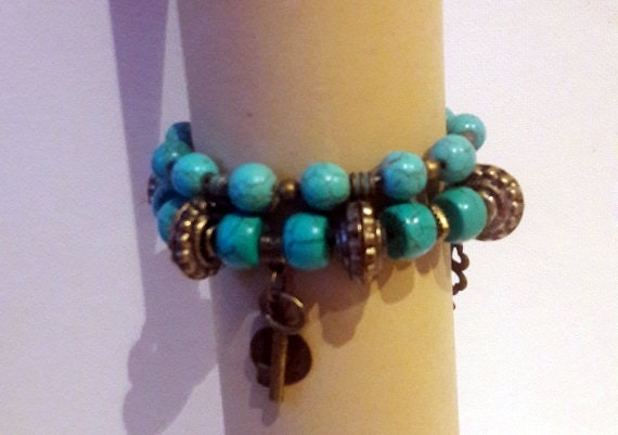 Turquoise beaded double stretch cuff bracelet