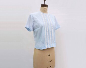 Vintage Nylon Blouse, 60s Baby Blue Blouse, Sheer Lace Blouse, Vintage 60s Blouse, Pastel Blue Blouse, Short Sleeve Blouse, 60s Crop Top, m