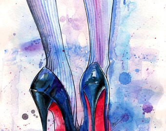 Louboutin in the rain Archival Art Print Watercolor fashion Illustration Sexy Legs Chic High heels Shoes Trendy Wall Art Home decor Style