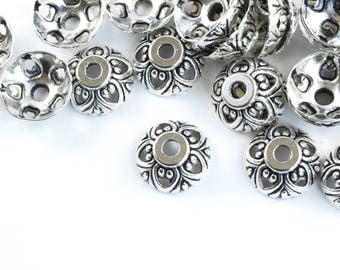 Antique silver Floral End Caps, 10 mm - 40 pieces (FS014)