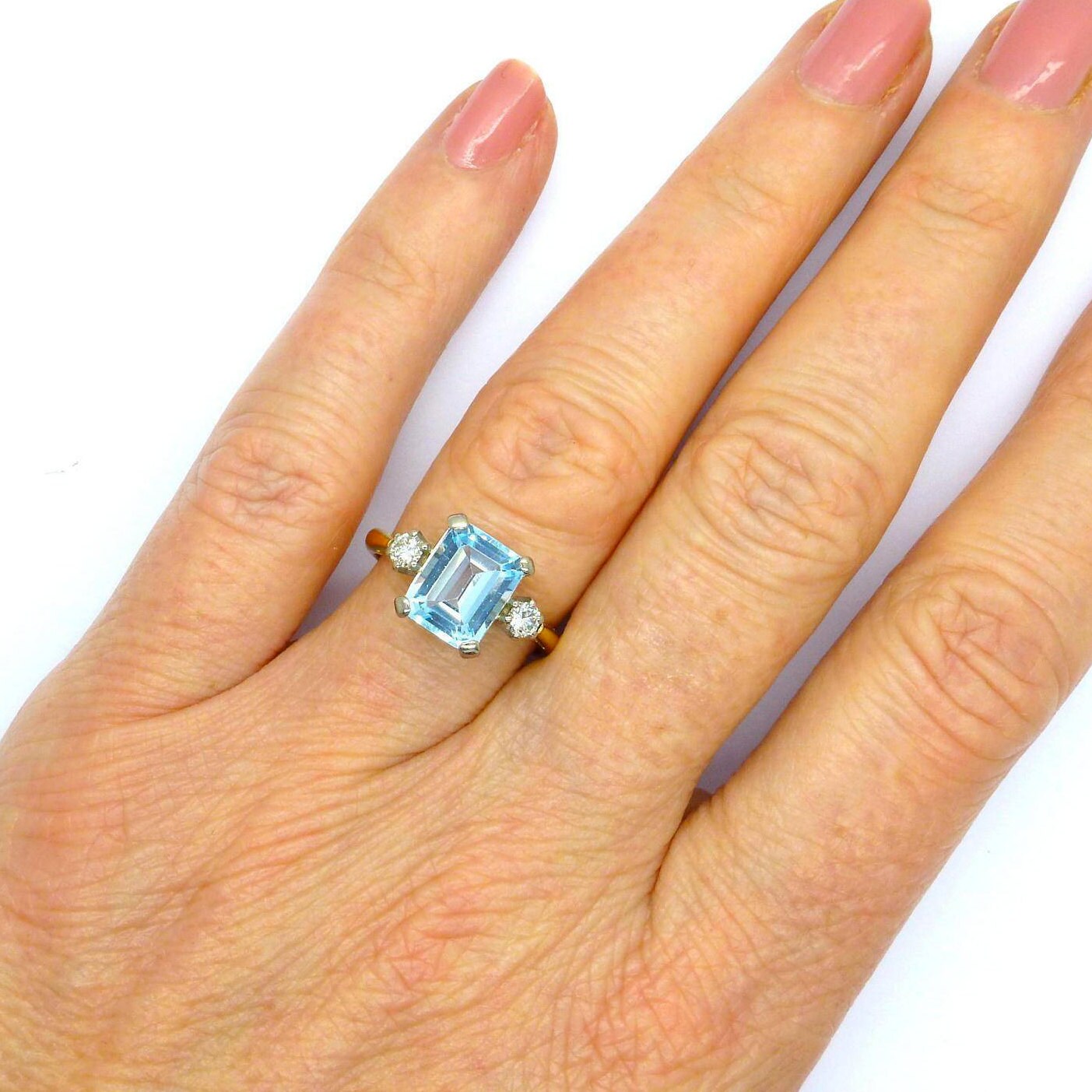 Vintage Emerald cut Blue Topaz Diamond engagement ring 18ct
