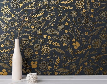Botanical Wall Decals - Modern Vinyl Decal Set, Flower Blossoms, Leaf Decals, Gold Wall Decals, Nursery Decor, Cute Floral Wall Stickers
