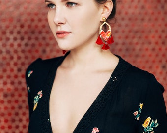 Earrings boho ethnic chic red pompons