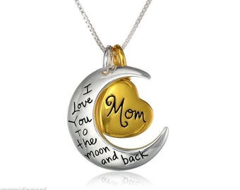 Mom I Love You To The Moon and Back Charm Necklace Sterling Silver Gold Flashed