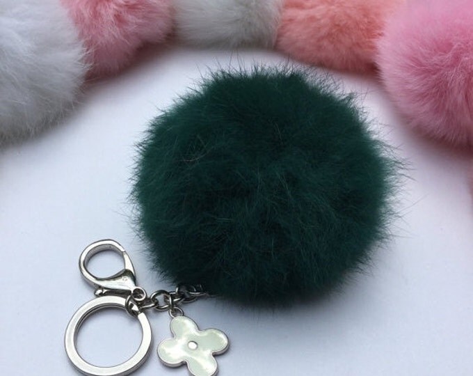 Silver Summer Series Deep Green Rabbit fur pompom keychain ball with flower bag charm