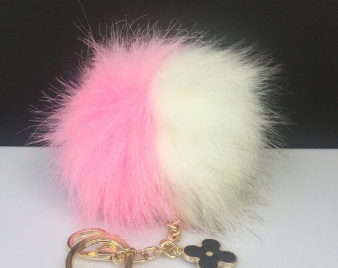 NEW! Faux Duo Pink/White Fox Fur Pom Pom bag Keyring keychain pom pom fake fur ball